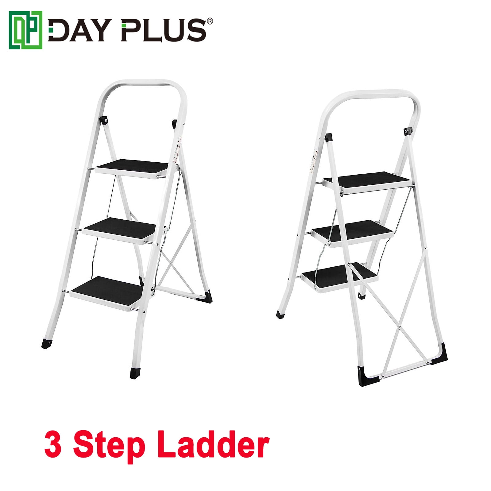 Dayplus Sturdy 3 Step Ladder Folding Steel Ladder for Adults with Wide