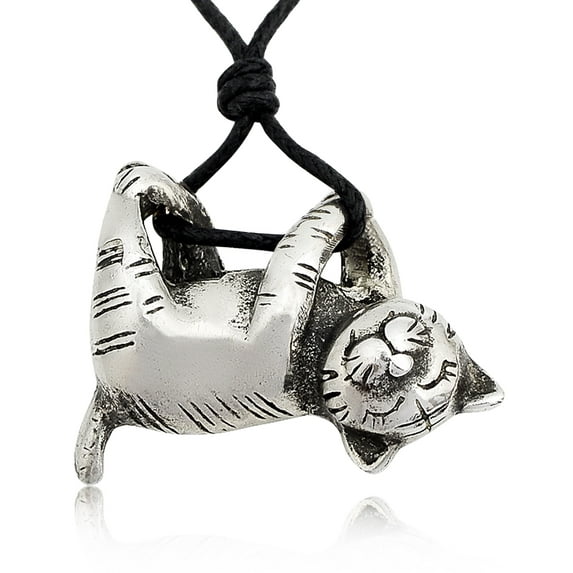 New Relaxing Cat Feline Silver Pewter Charm Necklace Pendant Jewelry With Cotton Cord