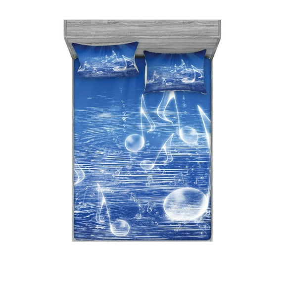 Ambesonne Ocean Fitted Sheet & Pillow Sham Set, Music Nautical Melody, Queen, Blue
