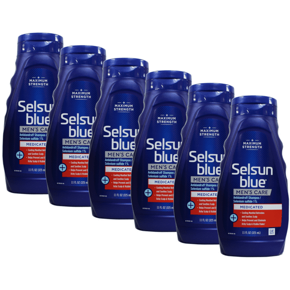6 Pack Selsun Blue Medicated Maximum Strength Dandruff Shampoo Men's Care, 11 Ounce each