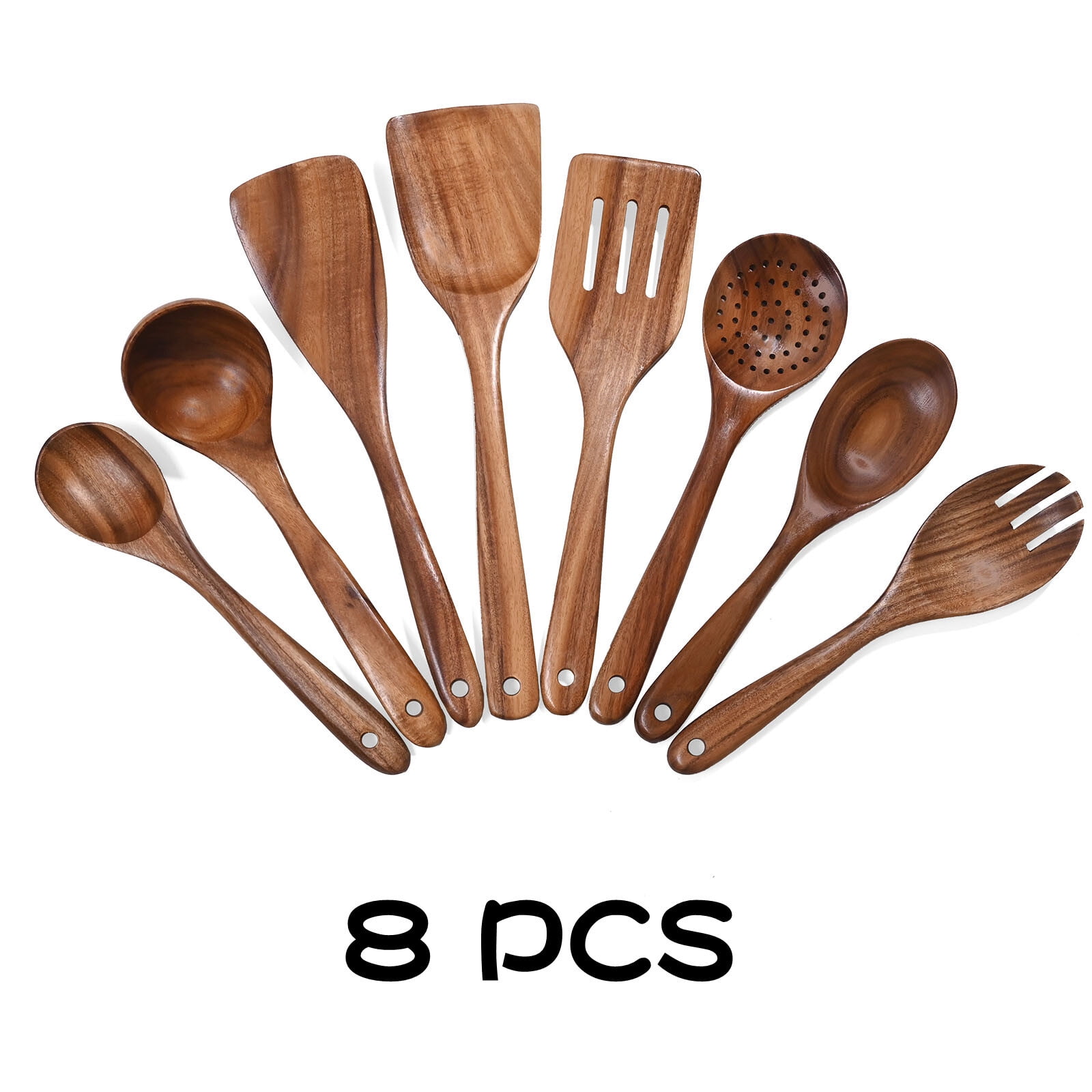 8 PCS Teak Wooden Kitchen Cooking Utensils, NonStick Spoons and