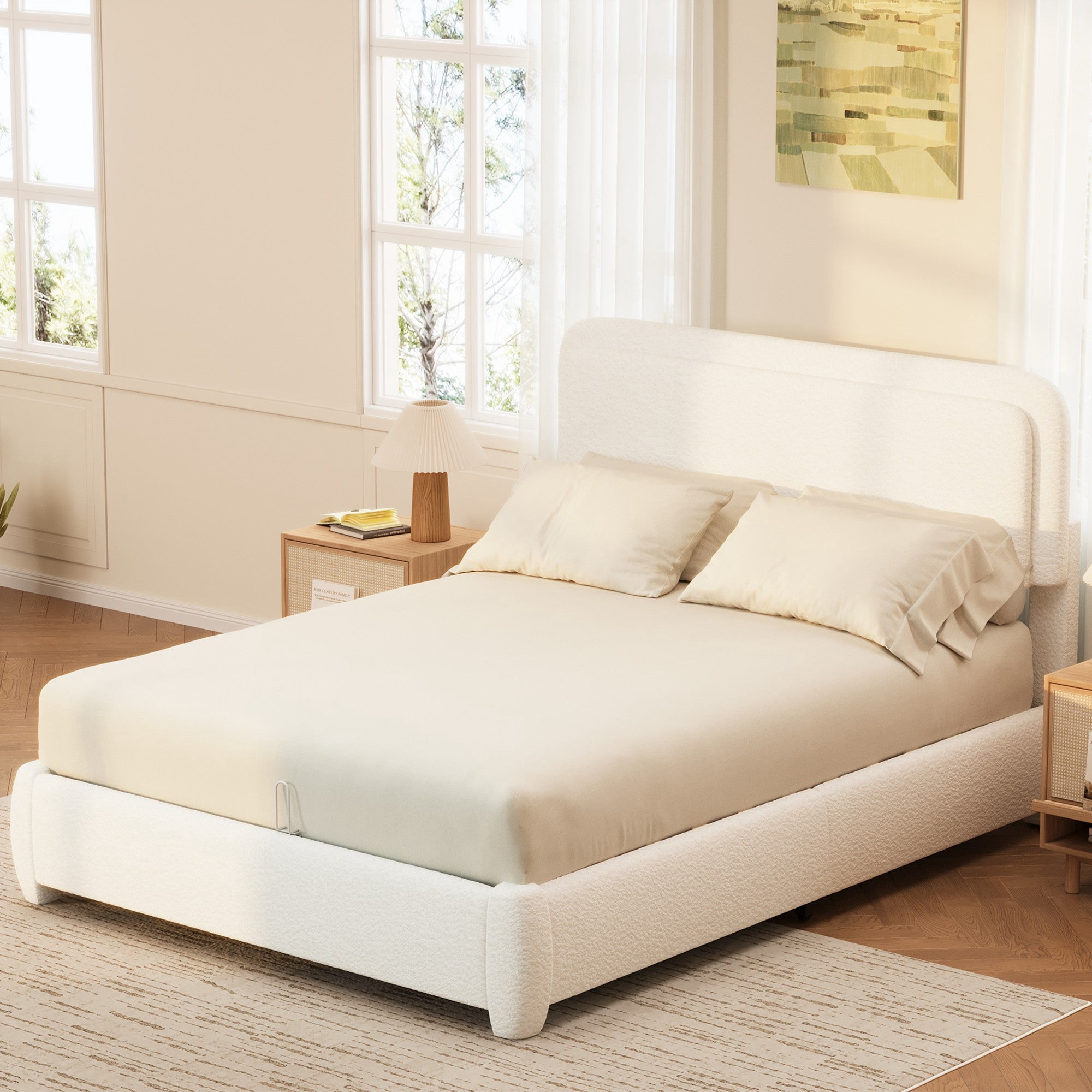 Sailvan Queen Bed Frame with Adjustable Cloud Headboard,Modern White Boucle Platform Bed,No Box Spring Needed,Curved Upholstered Bed