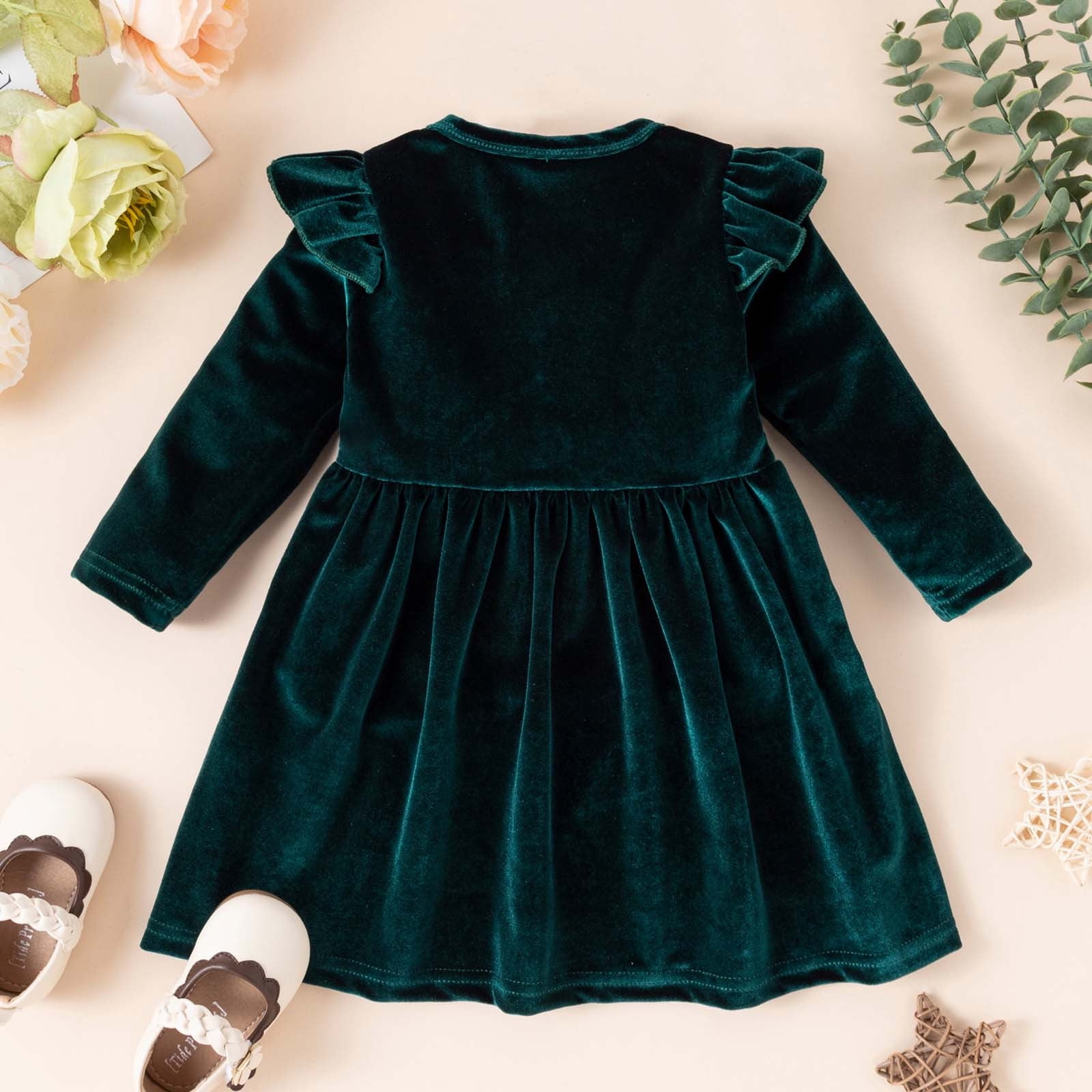 Xzngl Velvet Dress For Girls Infant Toddler Girls Solid Color Single Sided Velvet Lace Long Sleeves Ruched Dress Long Dress With Sleeves Lace Dress Fo