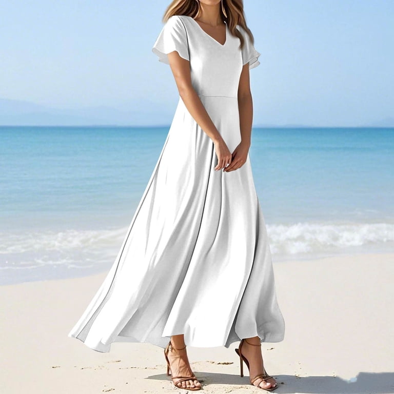 TQWQT White Dresses for Women Plus Size Summer Dress Short Sleeve Casual  Long Dress Boho V Neck Wedding Guestes Cute Tiered Dresses White M