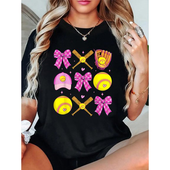 Checkered Mama Bow Cute Softball Mom Women Game Day Sports T-Shirt casual short sleeve crew neck cotton tee tops for women