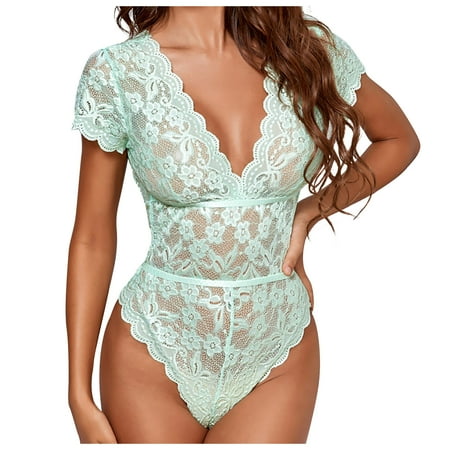 HAPIMO Lingerie Teddies for Women Valentine s Day Gift Lace Pajamas Clearance Underwear Jumpsuits Bodysuits Sleepwear Nightwear Temptation Tease Open Back Suit Home Clothes Green