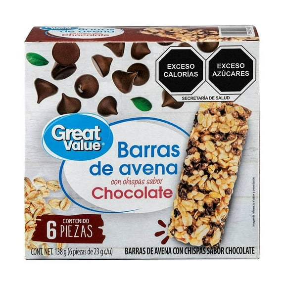 Barras de avena Great Value con chispas sabor chocolate 6 pzas de 23 g c/u