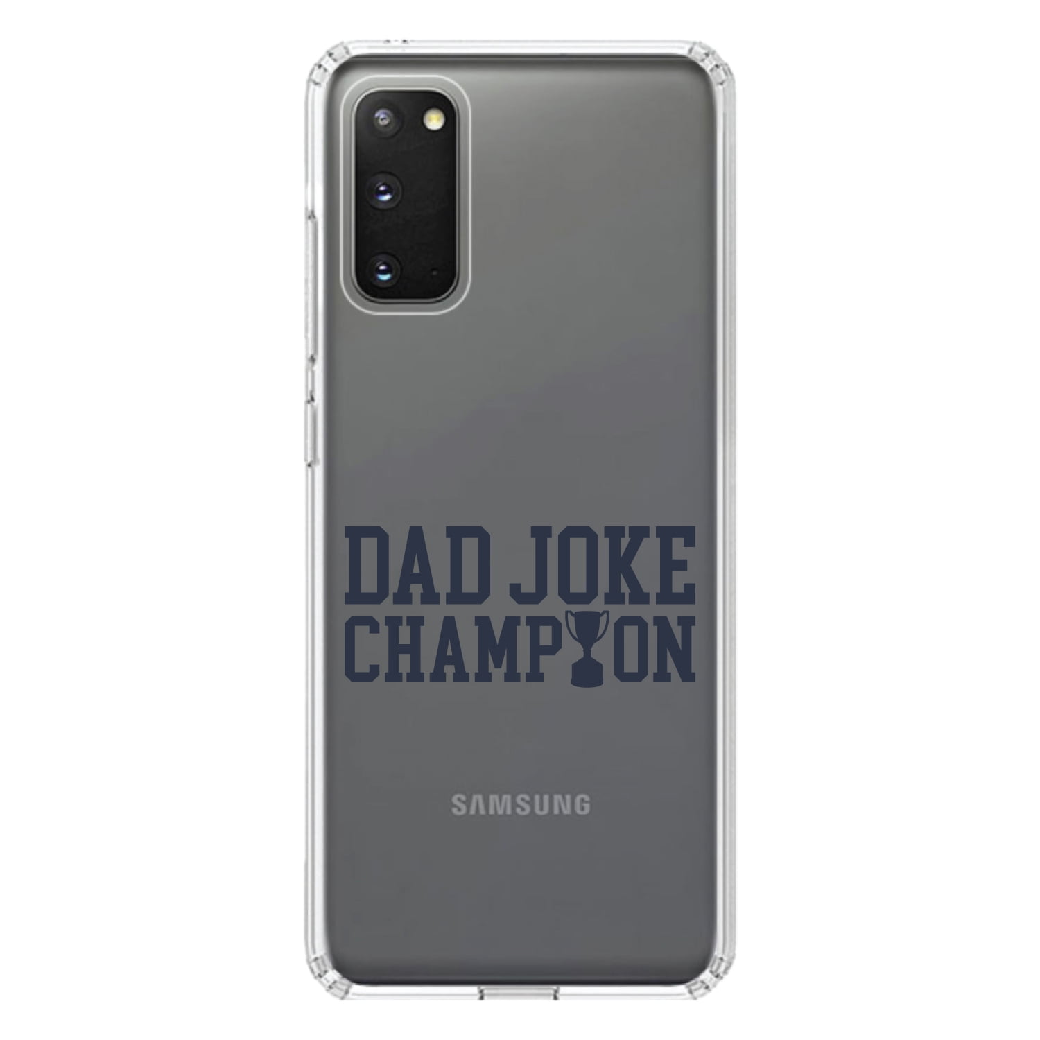 DistinctInk Clear Shockproof Hybrid Case for Galaxy S20 / S20 5G (6.2 Screen) - TPU Bumper Acrylic Back Tempered Glass Screen Protector - Dad Joke Champion Trophy