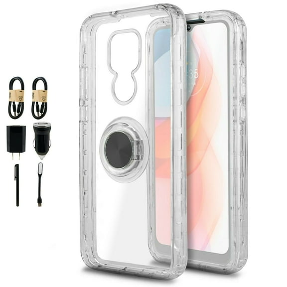 Value Pack for Moto G Play 2021 Full Body Ring Case Built In Screen Protector Hybrid Clear Phone Case Magnet Mount Ready Grip Grids Kick stand Slim Shock Bumper Cover