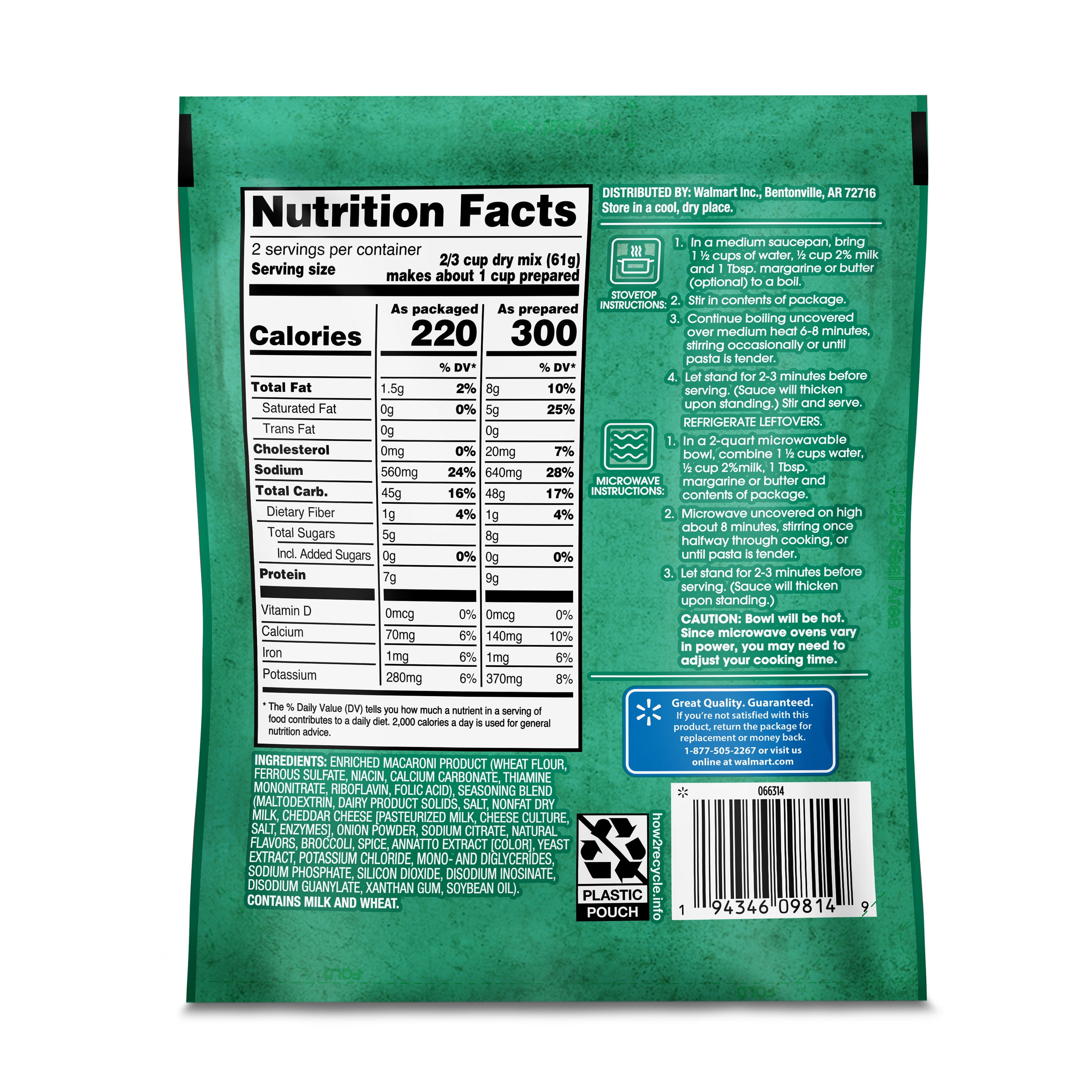 Great Value Cheddar Broccoli Flavored Pasta & Sauce 4.3oz (Shelf-Stable Pouch, Packaged Meal)