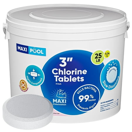 MAXI POOL 3 inch Advanced Stabilized Chlorine Tablets, Long Lasting, 25 LBS Bucket Slow Dissolving tabs for Swimming Pools