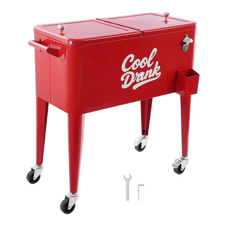 KFFKFF 80 Quart Rolling Ice Chest, Accommodates 50 Bottles or 110 Cans, Mobile Patio Drink Cooler Cart with 4 Swivel Wheels (2 Lockable), Beverage Trolley with Bottle Opener, Red