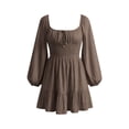 thumbnail image 6 of Karymi Sundress Square Neck Long Puff Sleeve Dress, Solid Color Tie Front Smocked Waist Ruffle Hem A-Line Mini Dress, Casual Flowy Swing Short Dress Spring Dresses, 6 of 6