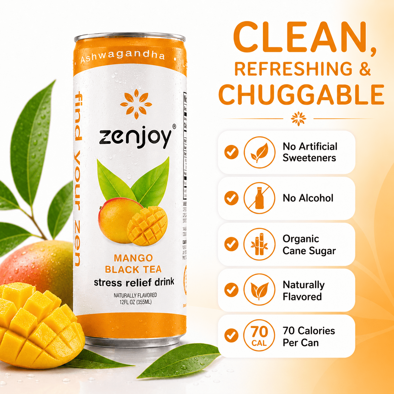 Zenjoy Stress Reief Drink, Calming Black Tea, Non Alcoholic, Ashwagandha & Lemon Balm for Stress Relief, L - Theanine for Focus (12 Pack) (Mango)