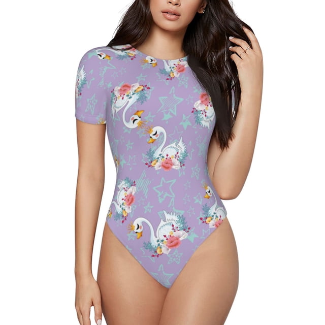 Balery Swan With Stars Body de cuello redondo de manga corta para mujer Tops de manga corta Tops básicos-Small
