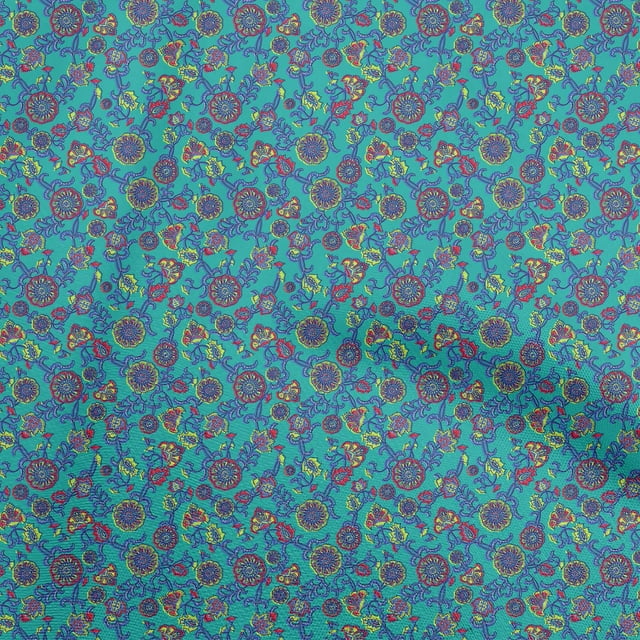 oneOone Georgette Viscose Turquoise Blue Fabric Kalamkari Craft Projects Decor Fabric Printed By The Yard 42 Inch Wide