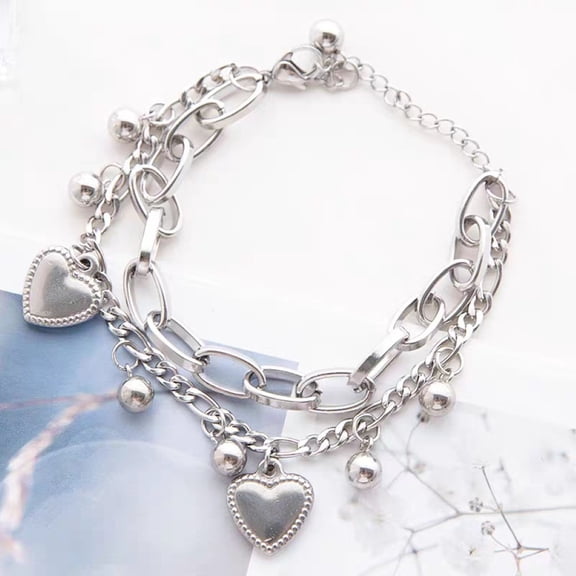 Fashion Women 2-layer Love Heart Cross Charm Hand Chain Bracelet Jewelry Gift