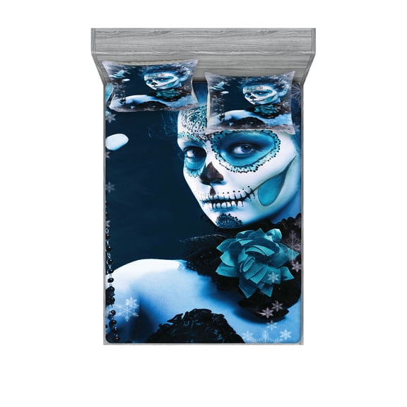 Ambesonne Colorful Fitted Sheet & Pillow Sham Set, Roses Snowflakes, Full, Pale Grey and Pale Blue