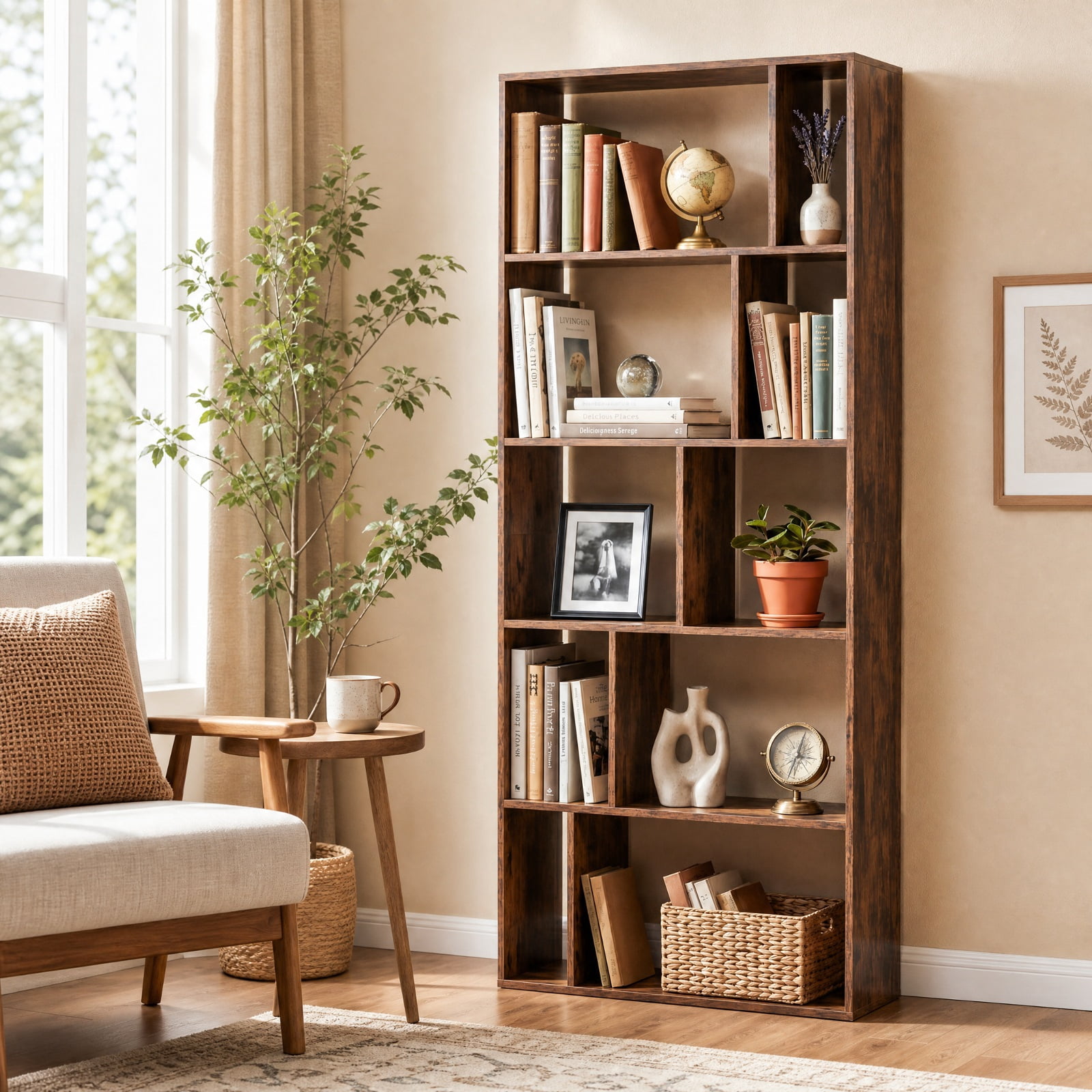 Furnibear 5-Tier Modern Bookshelf with Open Back and 2 Anti-Tipping Kits for Living Room Home Office Bedroom Display Storage Shelf, Brown