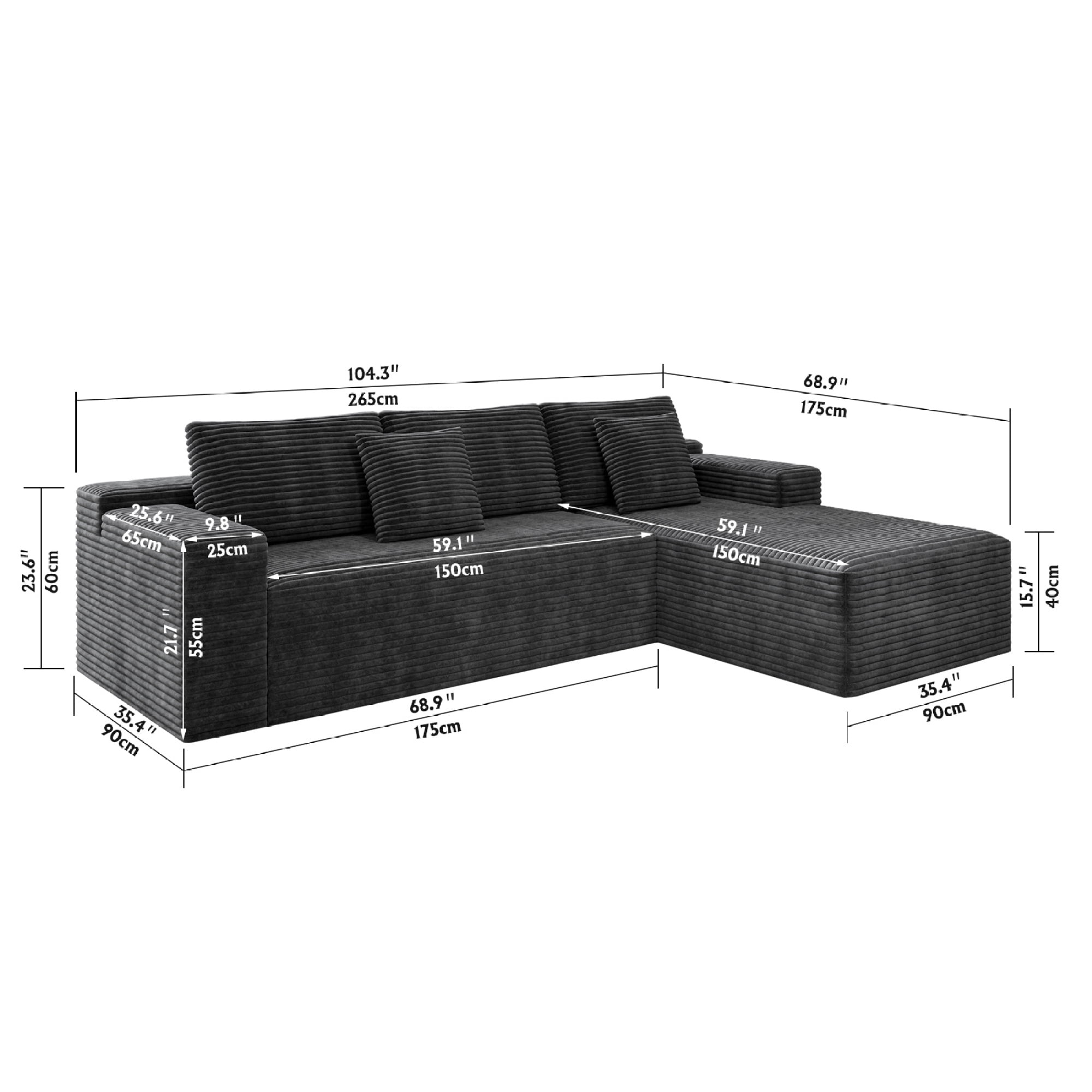 104" Modular Sectional Sofa,Oversized L-Shape Cloud Couch,Modern Corduroy Sleeper Couches Boneless Couches for Living Room,Bedroom,Apartmen,No Assembly Required,Grey-Right Chaise