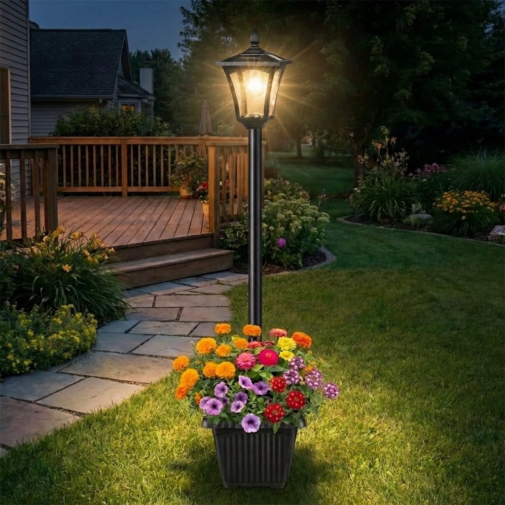 28" Solar Lamp Post Lights with Planter, Glass & Metal Street Light Outdoor Waterproof, 60 Lumens Dusk to Dawn Solar Pole Light for Garden, Yard, Driveway, Porch