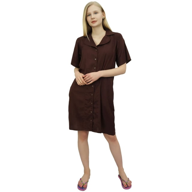 Bimba Robe de Nuit Gris à Col Cranté pour Femme avec Poches-24