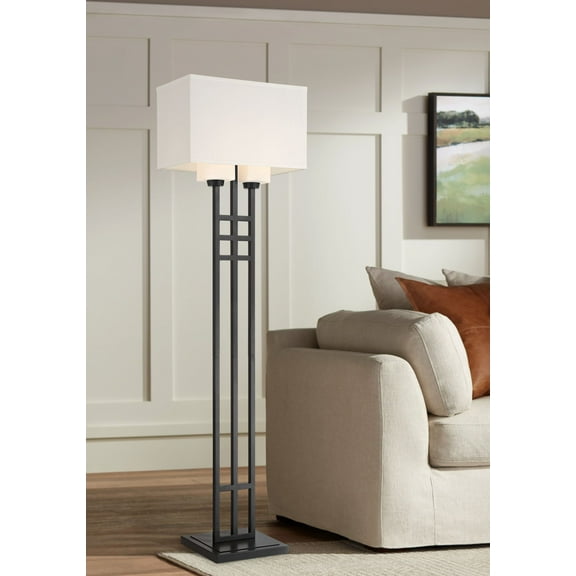 Franklin Iron Works Winslow Industrial Floor Lamp 64" Tall Matte Black LED White Rectangular Linen Box Shade for Living Room Bedroom Office House Home