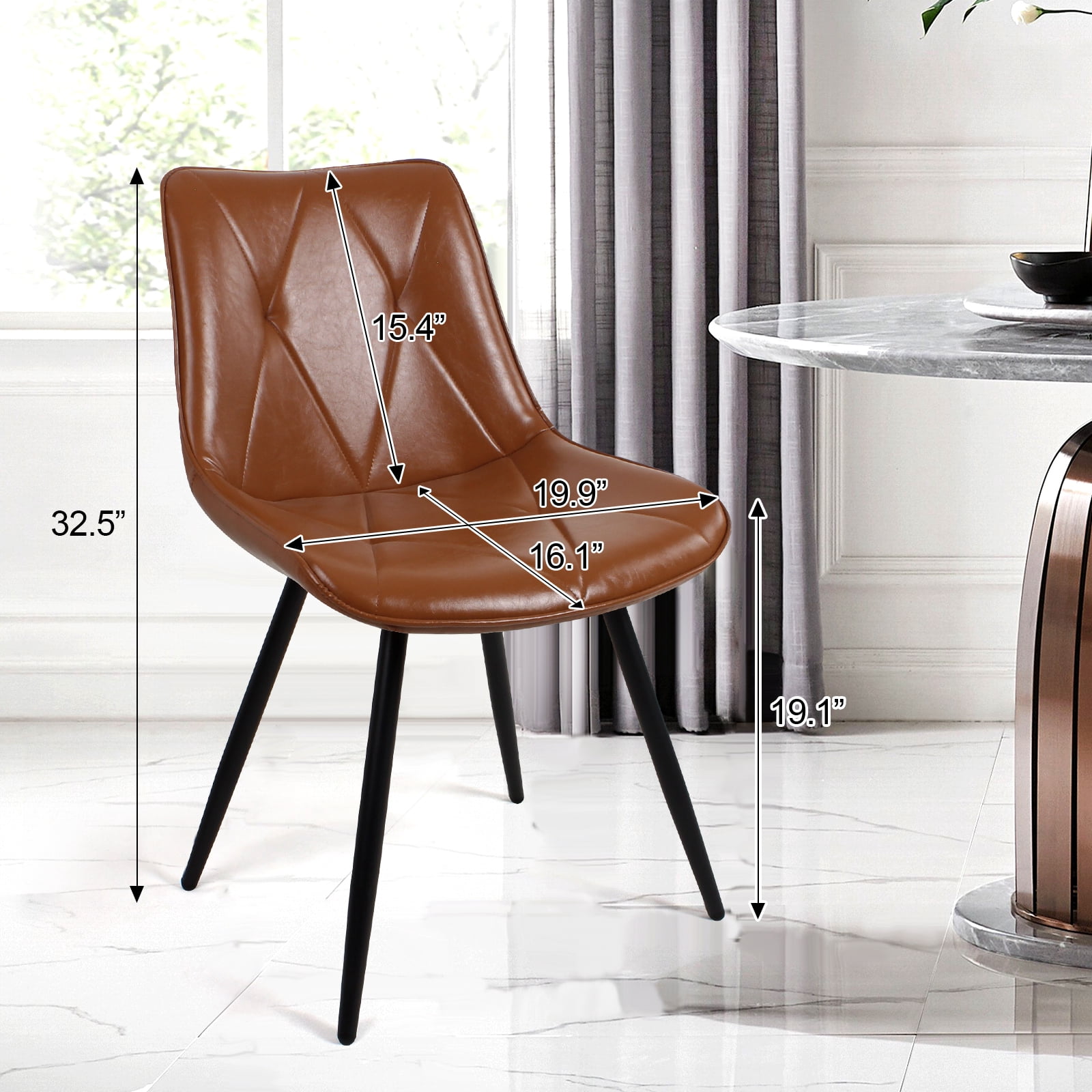 Set of 2 Brown Faux Leather Dining Chairs, Ergonomic Backrest with Thick Foam Cushion, Metal Legs & FSC Frame, Waterproof Easy-Clean PU Leather, Support 300 lbs
