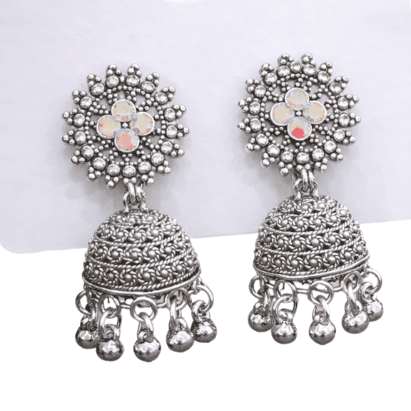 Traditional Silver Plated Floral Jhumka Earrings with Crystal Stones, Ethnic Indian Jewelry for Women Wedding Party Festive Wear