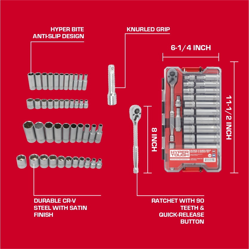 Hyper Tough 3/8-inch Drive Ratchet and Socket Set, SAE and Metric, 48 Pieces