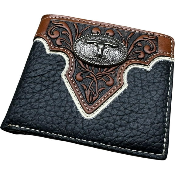 Western Stakes Leather Wallet Floral Embossed Tooled Bi Fold Soft Leather Texas Longhorn Concho Checkbook Style Cowboy Hand Crafted High End Mens Wallets Leather Gifts For Men (Black)