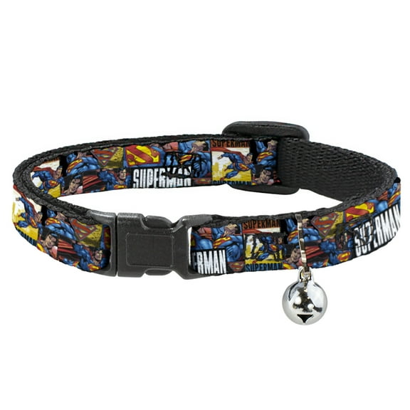 DC Comics Breakaway Cat Collar With Bell, Plastic Clip, Easy Adjustable, Superman Action Blocks White, 8.5 to 12 Inches 0.5 Inch Wide