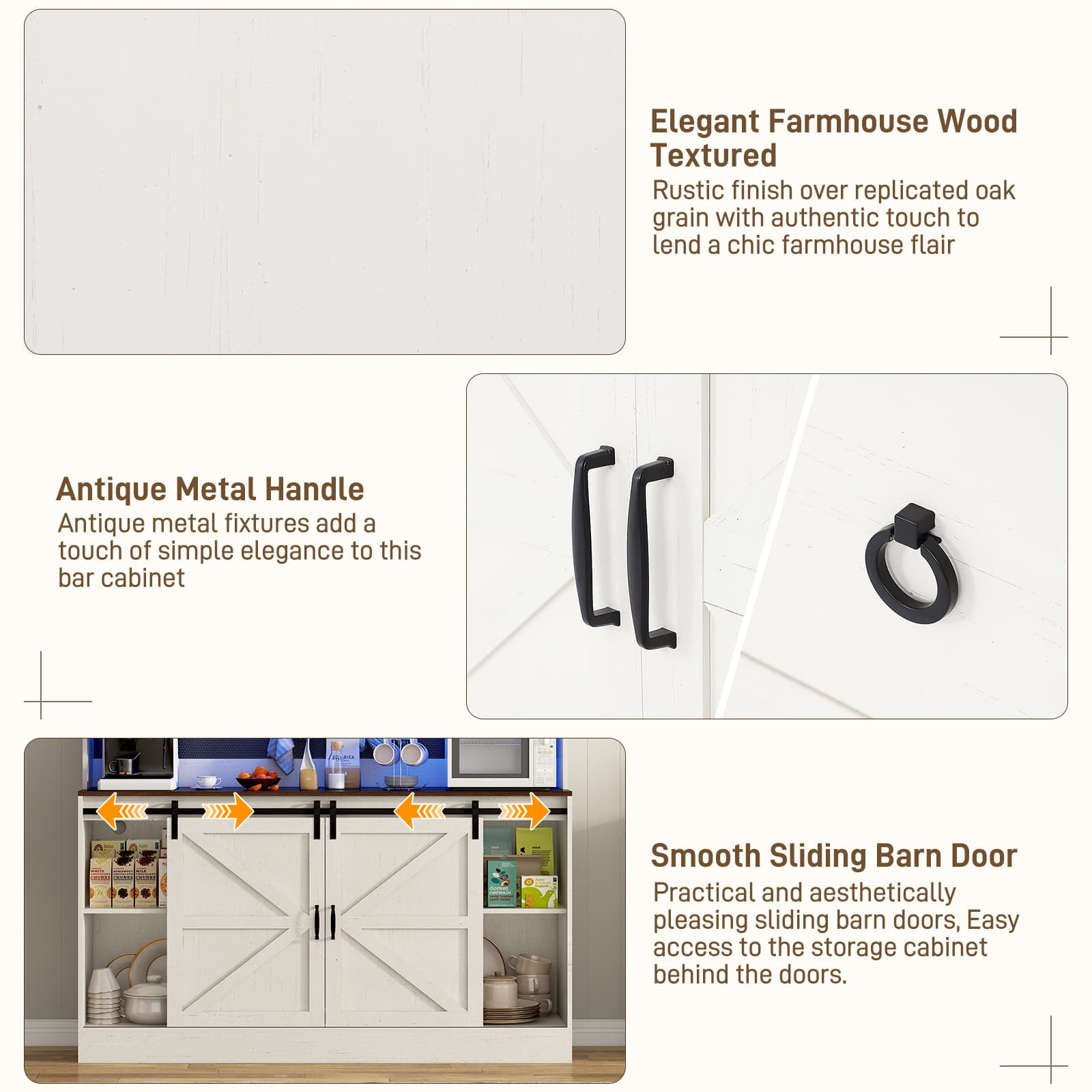 74" Farmhouse Kitchen Pantry Storage Cabinet with LED Light & Charging Station, 63" W Coffee Bar Cabinet Kitchen Cupboard with Hutch and Sliding Barn Doors, Pegboard