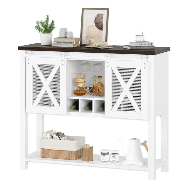 Armoire de Bar à Café, Buffet Bahut Armoire de Rangement avec Rangement, Armoire de Bar à Vin Style Ferme avec Support pour Verres à Vin, Blanc
