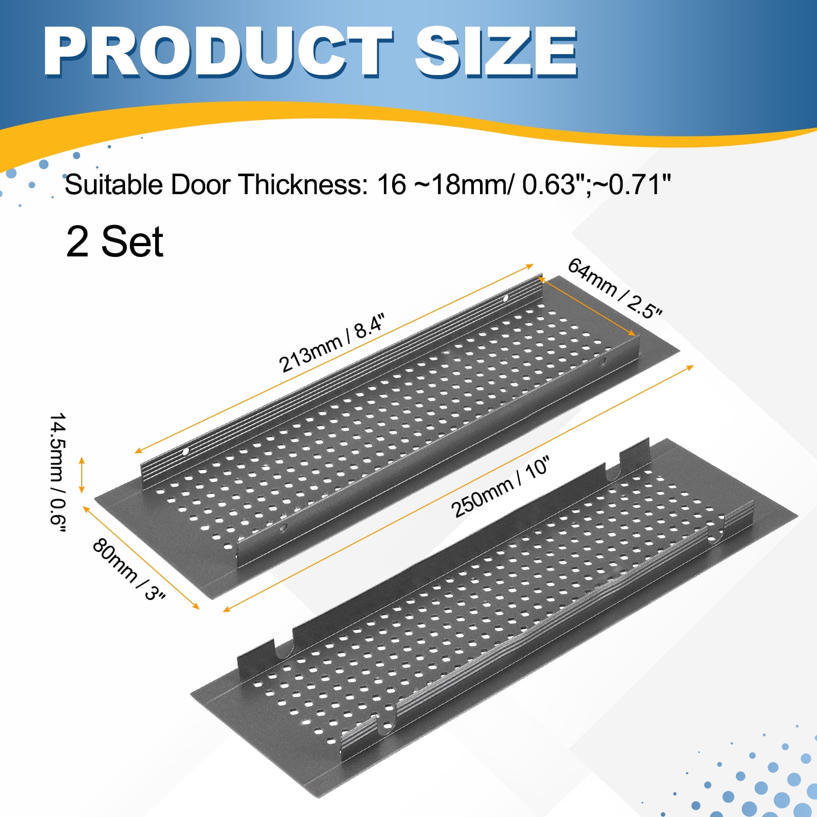 Uxcell 2PCS Door Air Vent Cover,10 x 3 Inch (L x W) Cabinet Vent Two Sided Door Grille Heavy Duty Rust-Proof for Floor Cabinet Bathroom Kitchen, Grey (Openings 8.4 x 2.5 Inch)