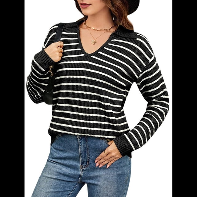 Suéteres de Mujer 2025, Cuello en V, Larga, Tops A Rayas, Otoño Invierno, Ropa de Punto Cómoda, Suéter Tipo Pulóver y Negro XL