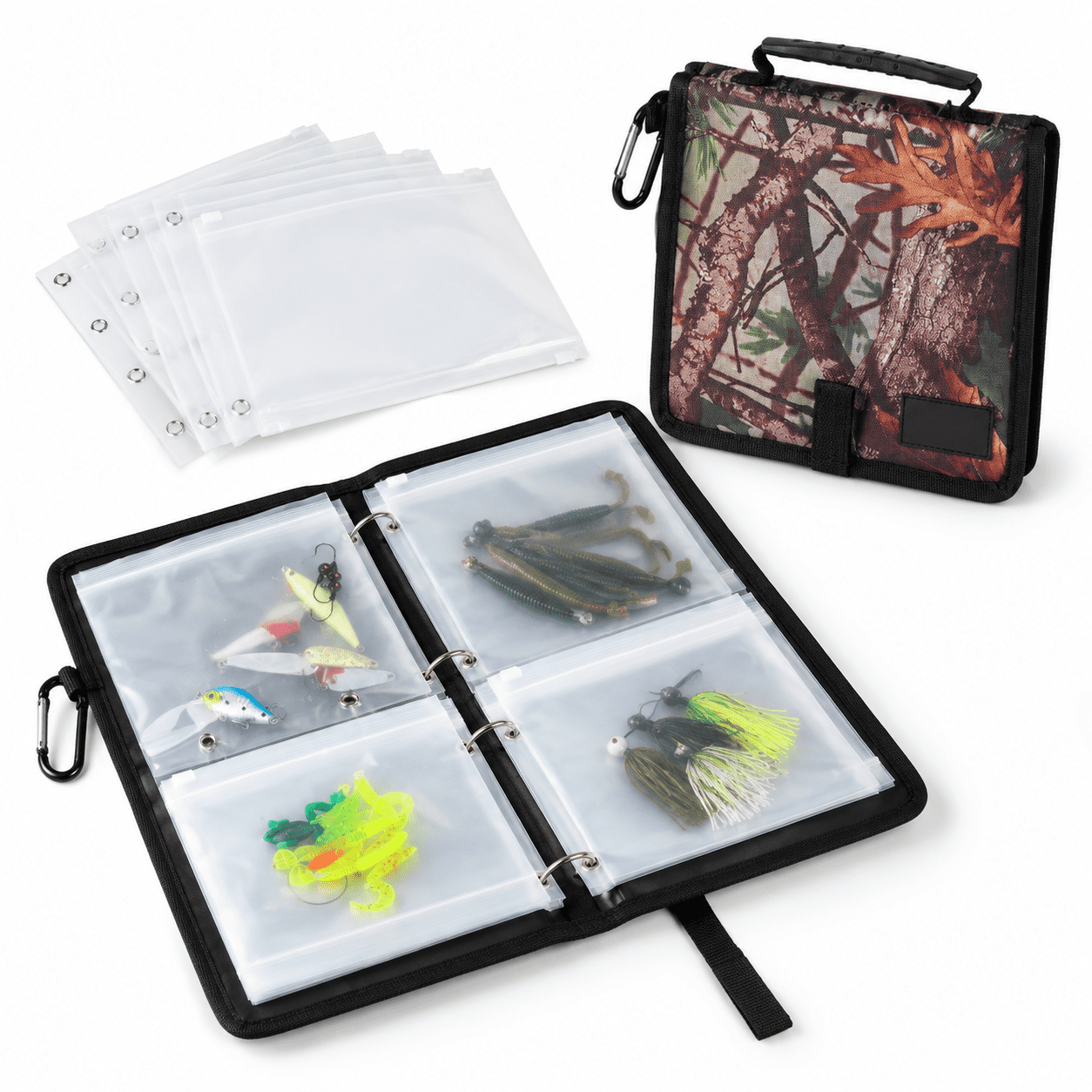 Tree Camouflage Fishing Tackle Binder Lure Storage Case with 20 Clear Ziplock Bags