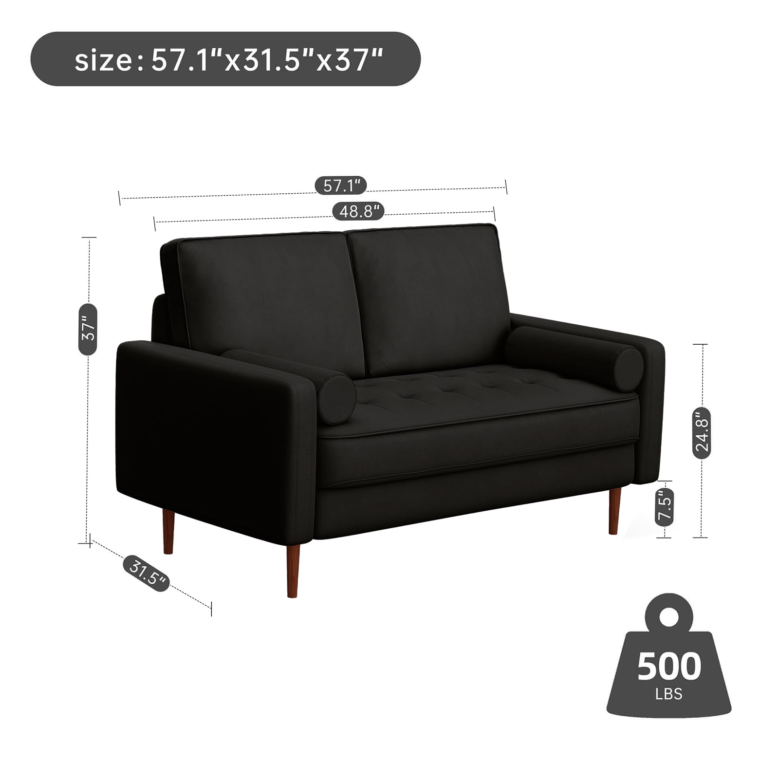 Dixie 57" Small Sofa Loveseat Couch, Premium Velvet Fabric And 2 Bolster Pillows Suitable for Apartment or Small Living Room, Black