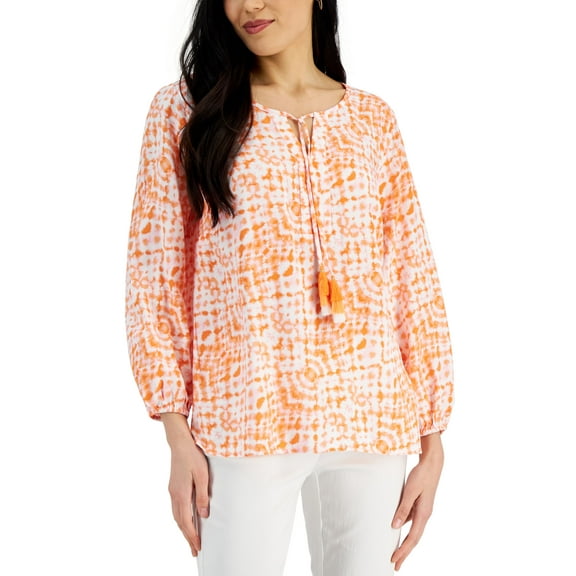 JM Collection Womens Printed Peasant Top Clementine Orange Combo XL