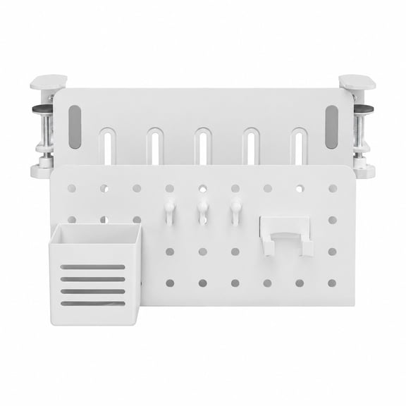 Desk Storage, Clamp-On Side Organizer with Pegboard, Removable Pen Cup & Hooks, Fits 0.4"–2.2" Desk Edge, No-Drill, White
