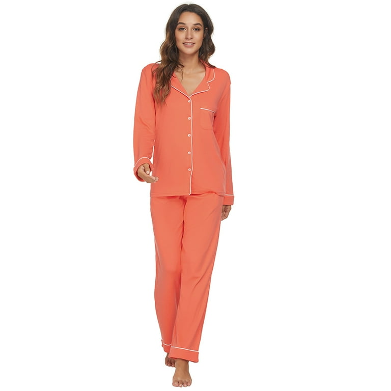 HEARTNICE Women Button up Pajama Set Long Sleeve Sleepwear Lightweight Pjs  Set, Living Coral 2XL 