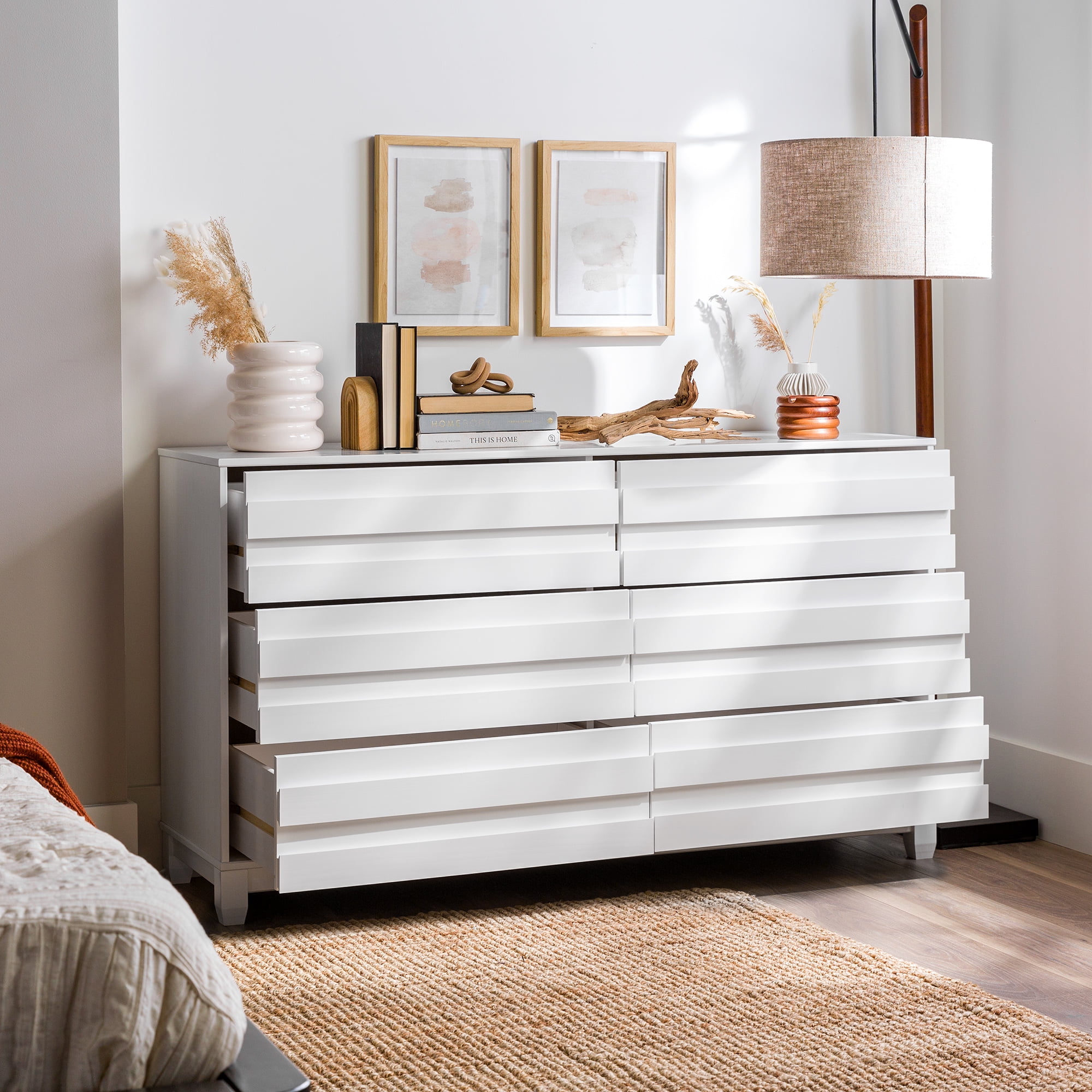 Walker Edison Modern Beveled 6 Drawer Dresser, White