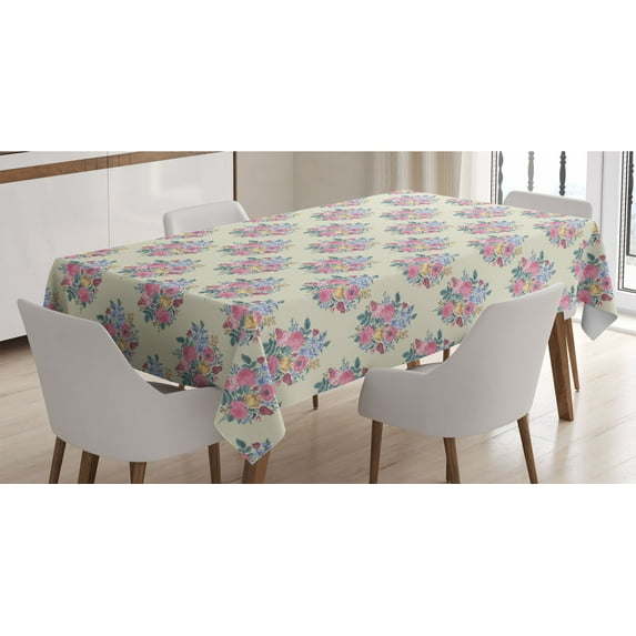 Floral Tablecloth, Vintage Floral Drawing Style Classical in Pastel Colors Rhythmic Pattern, Rectangle Satin Table Cover for Dining Room and Kitchen, 60" X 90", Eggshell Multicolor, by Ambesonne