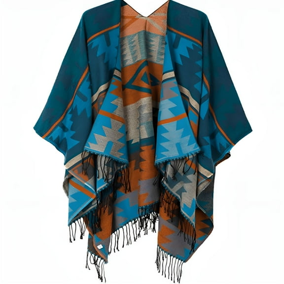TELOLY Women's Printed Tassel Poncho Cape Wrap Shawl, Knitted Large Poncho Cardigan for Spring, Fall, Winter (Blue)