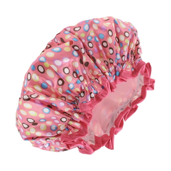 1 Pc Women Double Layer Colored Dots Shower Cap for Bathroom Vacation Rose Red Satin PEVA