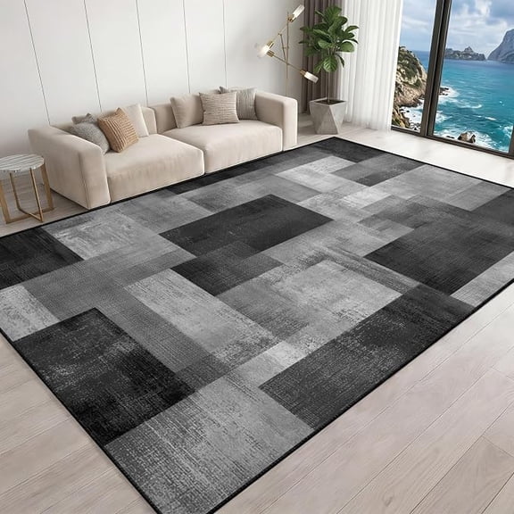 Abstract Modern Area Rug, Black Gray Patchwork Geometric Rug for Living Room Non-Slip Carpet, Distressed Vintage Rugs Non-Slip Washable Rugs for Bedroom with Rubber Backing 3 x 5ft