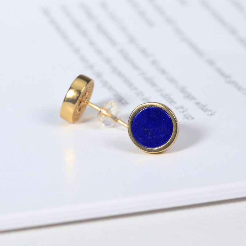 24K Gold Plated Lapis Lazuli Stud Earrings – Round Natural Blue Gemstone, Hypoallergenic Minimalist Geometric Jewelry for Women & Men with RTT Jewelry Box