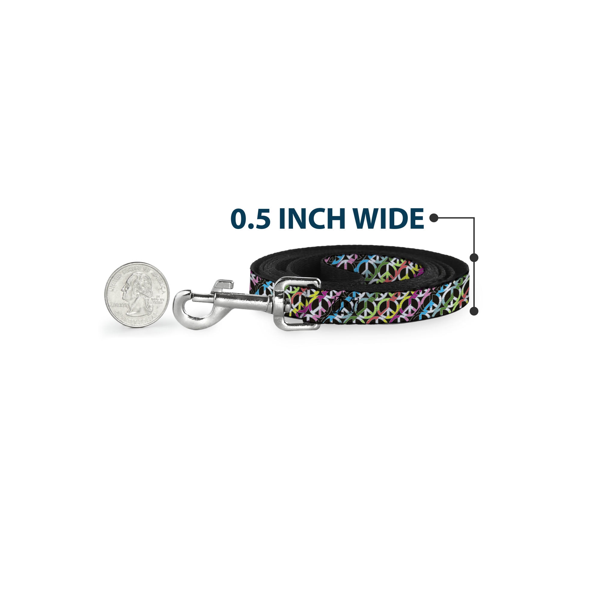 Buckle-Down Pet Leash, Dog Leash, Peace Black Multi Stripes, 6 Feet Long 1.0 Inch Wide