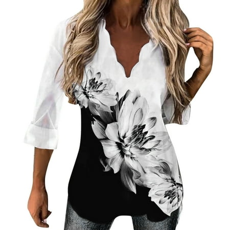 

HSMQHJWE Blouses For Women Loose Colla Shirts For Women Women V Neck Pullover Top Printed Fashion Casual Vacation Floral Printed Long Sleeves Blouse Womens Boyfriend Sleep Shirt