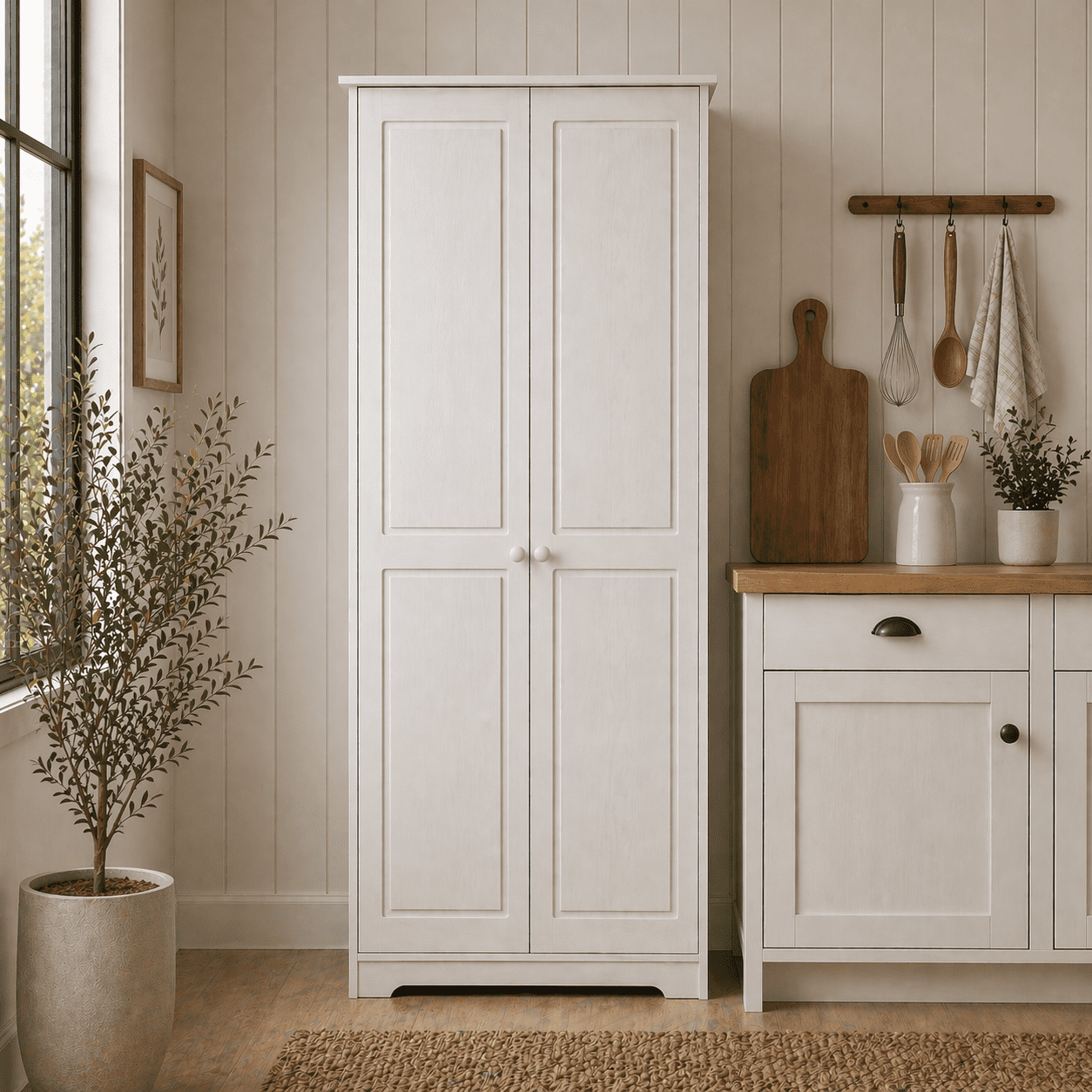 From the Tree Furniture Pantry Cabinet with Adjustable Shelves, Solid Pine Wood, White, 2 Doors